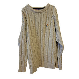 Vintage Chaps Ralph Lauren Cable Knit Sweater Sz XL Preppy Beige Crest Fisherman